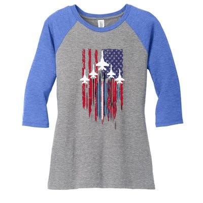 Fighter Jet Airplane American Flag Patriotic Women's Tri-Blend 3/4-Sleeve Raglan Shirt