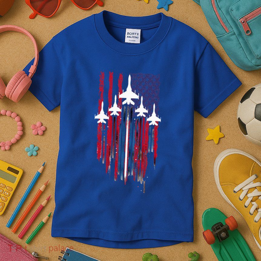 Fighter Jet Airplane American Flag Patriotic Kids T-Shirt