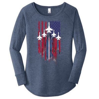 Fighter Jet Airplane American Flag Patriotic Women's Perfect Tri Tunic Long Sleeve Shirt