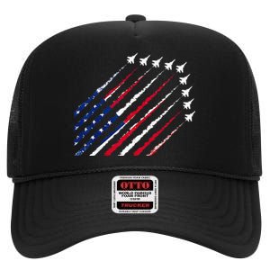 Fighter Jet Airplane USA Flag 4th Of July Patriotic High Crown Mesh Back Trucker Hat