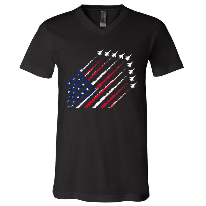 Fighter Jet Airplane USA Flag 4th Of July Patriotic V-Neck T-Shirt