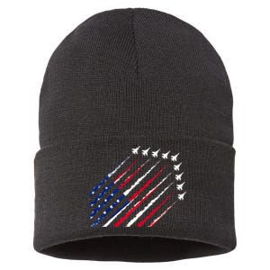 Fighter Jet Airplane USA Flag 4th Of July Patriotic Sustainable Knit Beanie