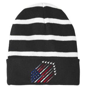 Fighter Jet Airplane USA Flag 4th Of July Patriotic Striped Beanie with Solid Band