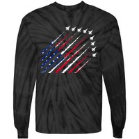 Fighter Jet Airplane USA Flag 4th Of July Patriotic Tie-Dye Long Sleeve Shirt