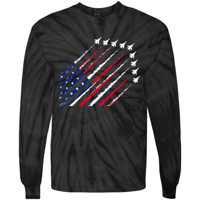 Fighter Jet Airplane USA Flag 4th Of July Patriotic Tie-Dye Long Sleeve Shirt