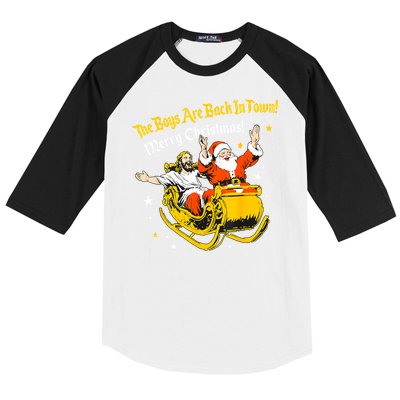 Funny Jesus And Santa Claus The Boy Are Back In A Town Xmas Gift Baseball Sleeve Shirt