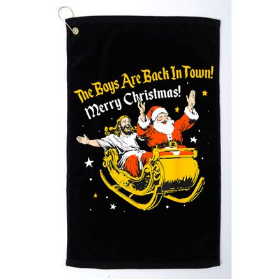 Funny Jesus And Santa Claus The Boy Are Back In A Town Xmas Gift Golf Towel