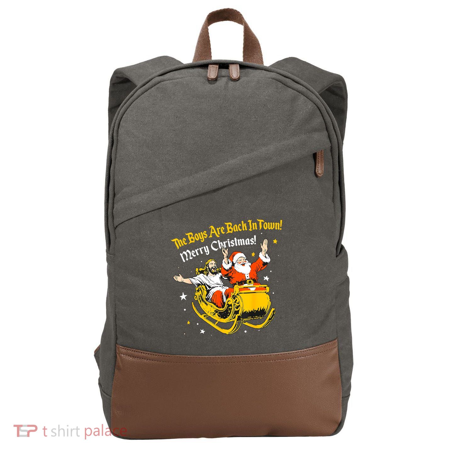 Funny Jesus And Santa Claus The Boy Are Back In A Town Xmas Gift Cotton Canvas Backpack