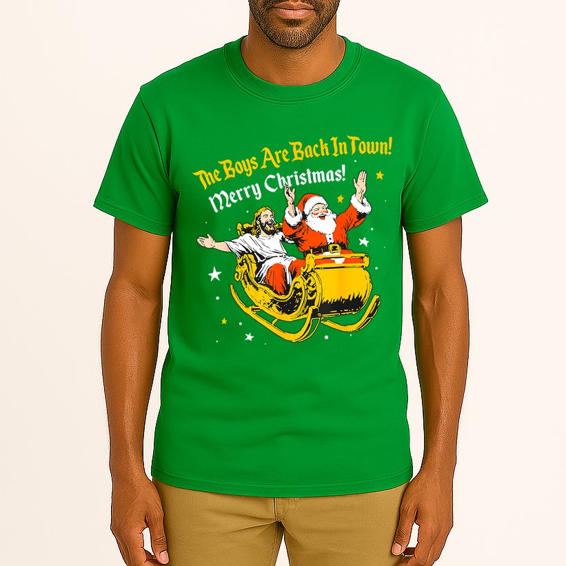 Funny Jesus And Santa Claus The Boy Are Back In A Town Xmas Gift Tall T-Shirt
