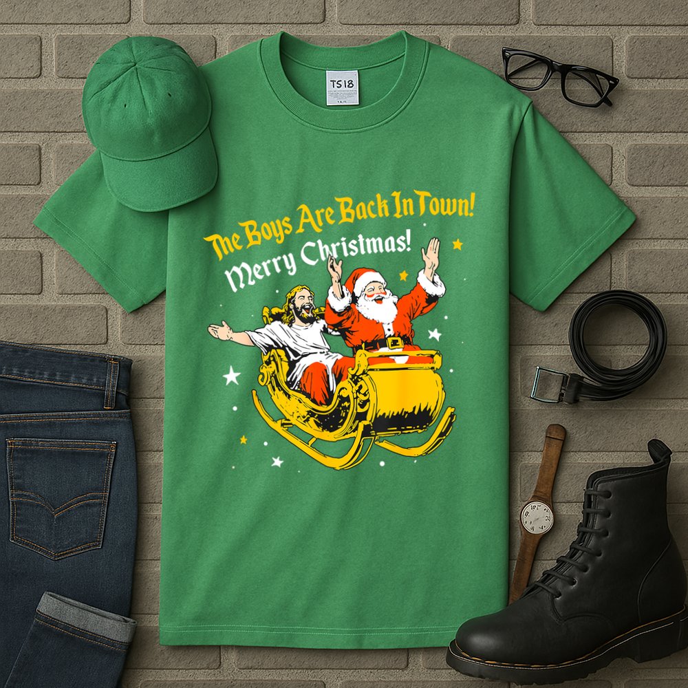 Funny Jesus And Santa Claus The Boy Are Back In A Town Xmas Gift Tall T-Shirt