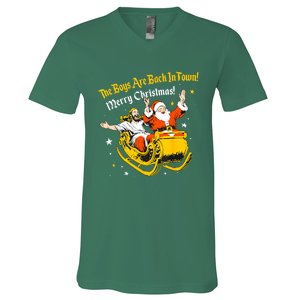 Funny Jesus And Santa Claus The Boy Are Back In A Town Xmas Gift V-Neck T-Shirt