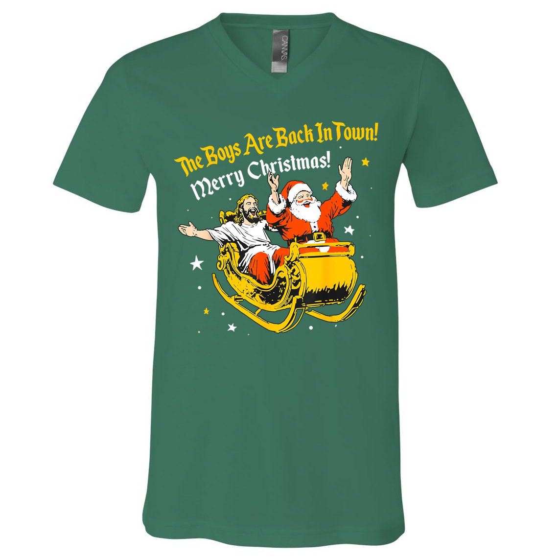 Funny Jesus And Santa Claus The Boy Are Back In A Town Xmas Gift V-Neck T-Shirt