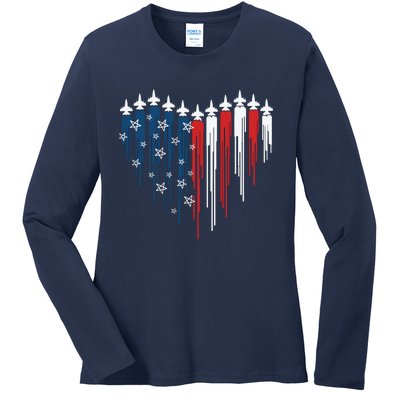 Fighter Jet Airplane American Flag Heart Ladies Long Sleeve Shirt