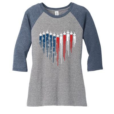 Fighter Jet Airplane American Flag Heart Women's Tri-Blend 3/4-Sleeve Raglan Shirt