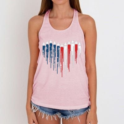 Fighter Jet Airplane American Flag Heart Women's Knotted Racerback Tank