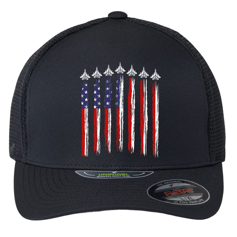 Fighter Jet Airplane USA Flag 4th Of July Patriotic Flexfit Unipanel Trucker Cap