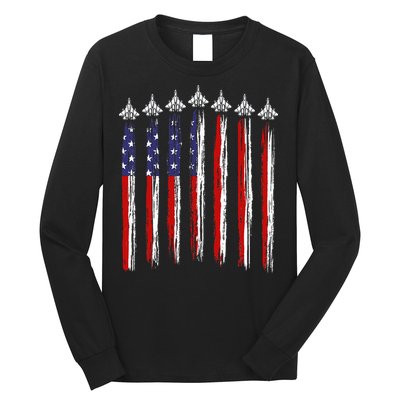 Fighter Jet Airplane USA Flag 4th Of July Patriotic Long Sleeve Shirt