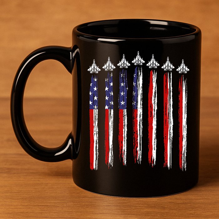 Fighter Jet Airplane USA Flag 4th Of July Patriotic 11oz C Handle Ceramic Mug