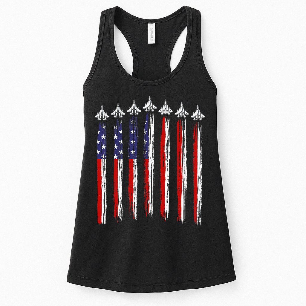 Fighter Jet Airplane USA Flag 4th Of July Patriotic Womens Tank Top