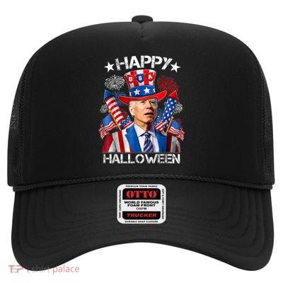 Funny Joe Biden Happy Halloween 4th Of July Firework High Crown Mesh Back Trucker Hat