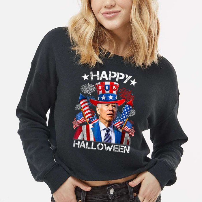 Funny Joe Biden Happy Halloween 4th Of July Firework Cropped Pullover Crew