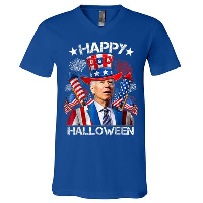 Funny Joe Biden Happy Halloween 4th Of July Firework V-Neck T-Shirt