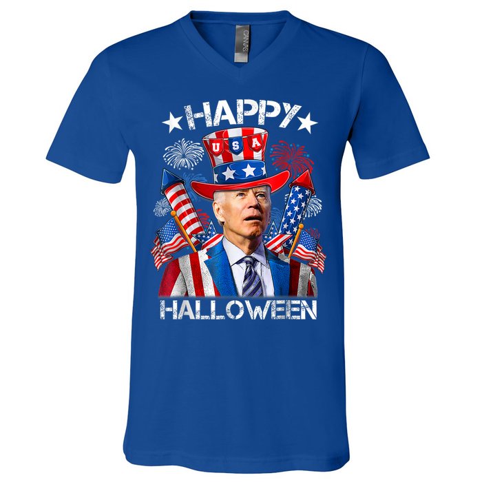 Funny Joe Biden Happy Halloween 4th Of July Firework V-Neck T-Shirt
