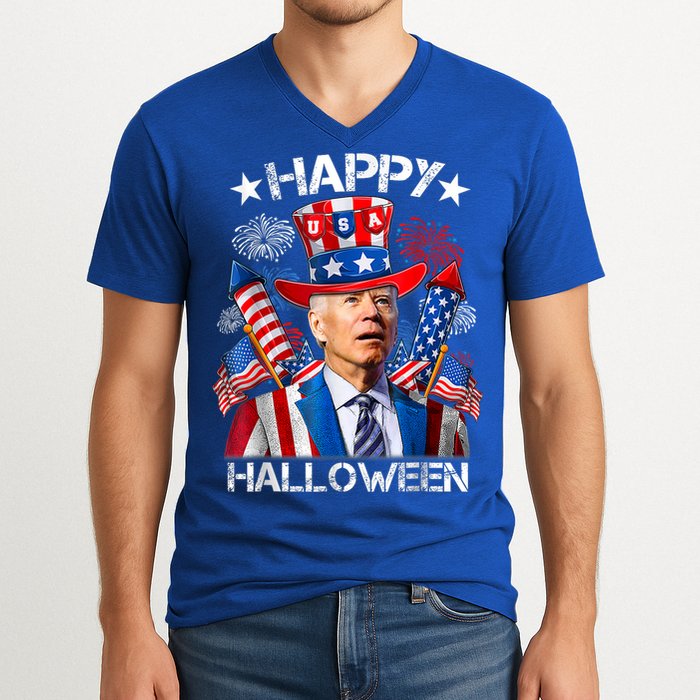 Funny Joe Biden Happy Halloween 4th Of July Firework V-Neck T-Shirt