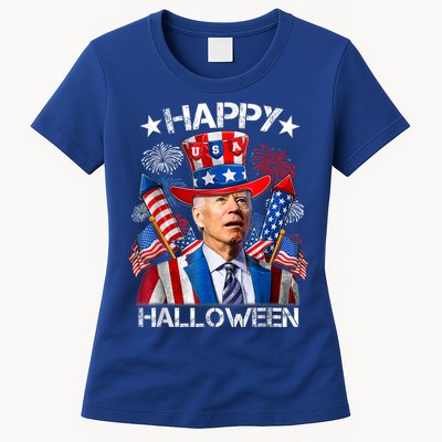 Funny Joe Biden Happy Halloween 4th Of July Firework Womens T-Shirt