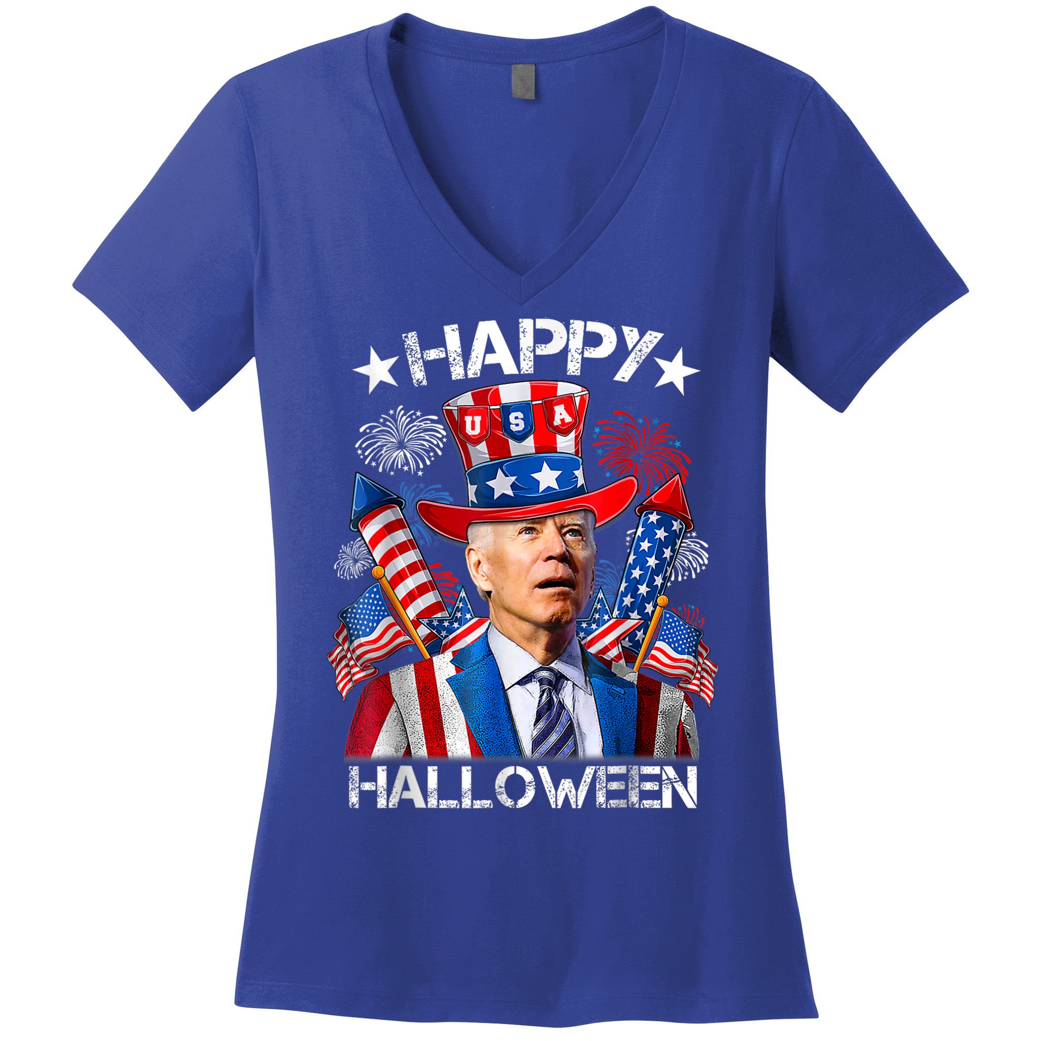 Funny Joe Biden Happy Halloween 4th Of July Firework Women's V-Neck T-Shirt