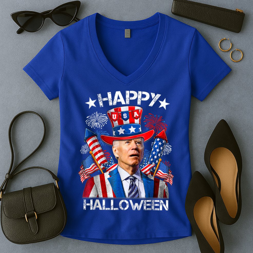 Funny Joe Biden Happy Halloween 4th Of July Firework Women's V-Neck T-Shirt