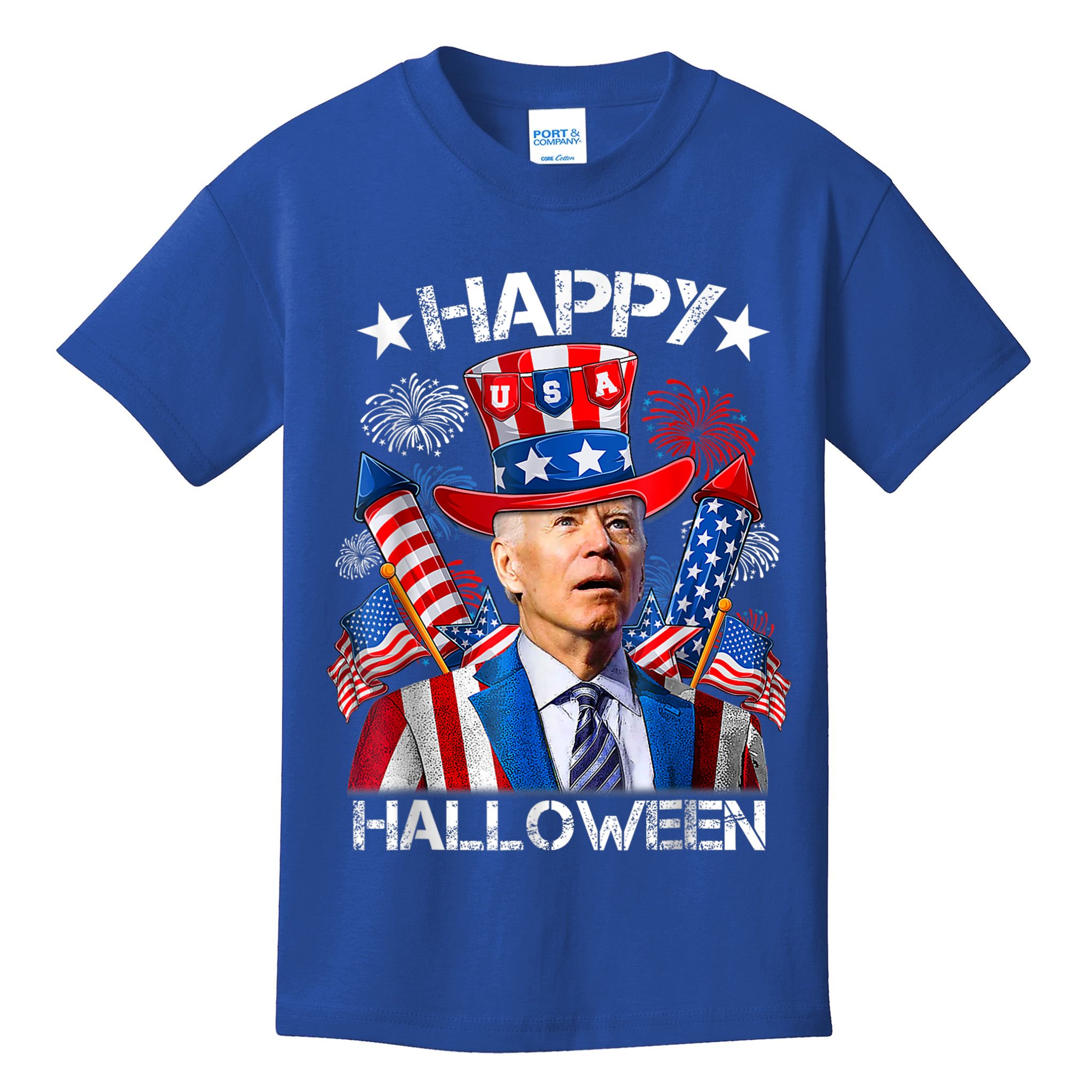 Funny Joe Biden Happy Halloween 4th Of July Firework Kids T-Shirt