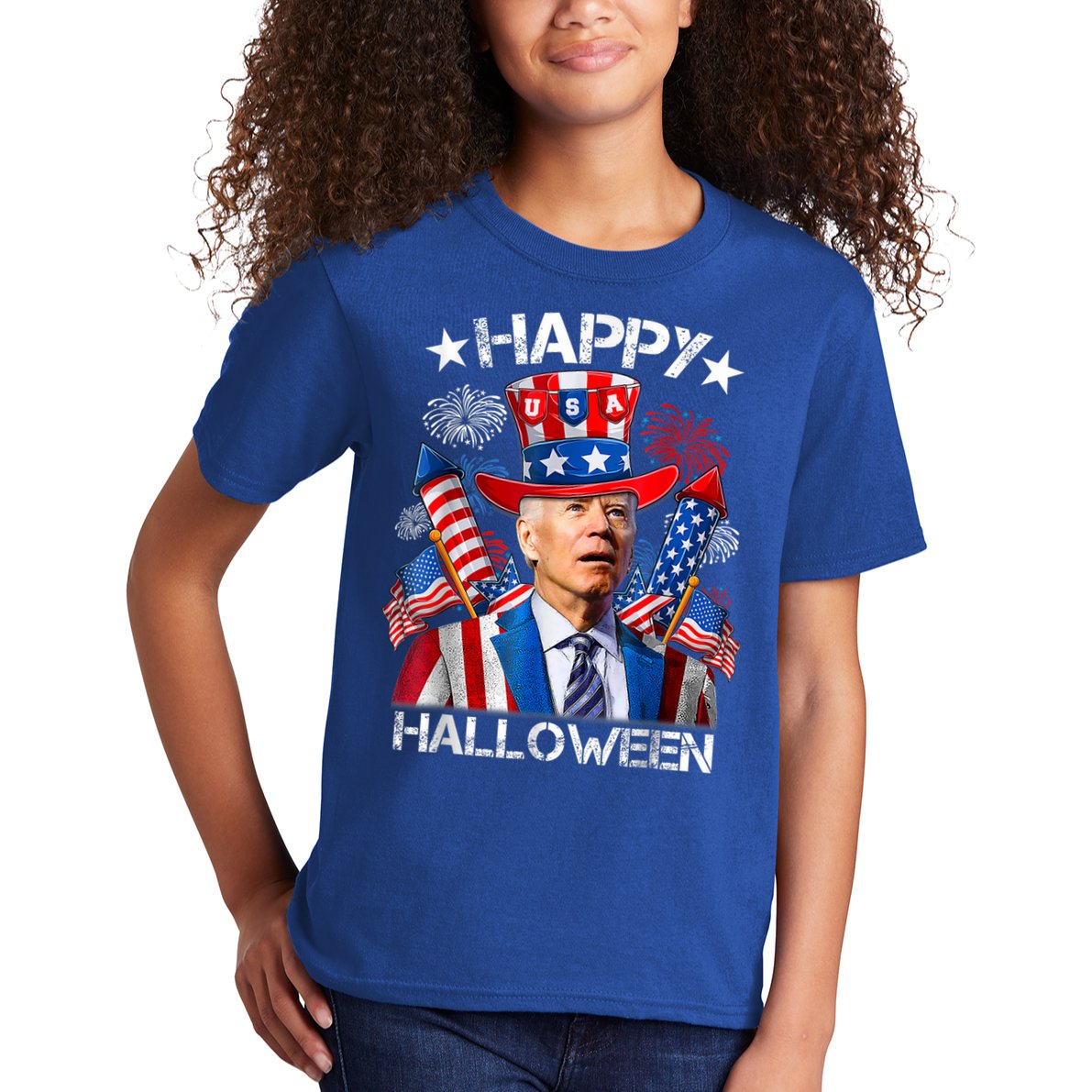 Funny Joe Biden Happy Halloween 4th Of July Firework Kids T-Shirt