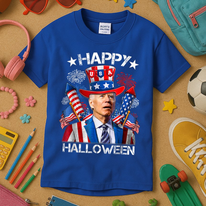 Funny Joe Biden Happy Halloween 4th Of July Firework Kids T-Shirt
