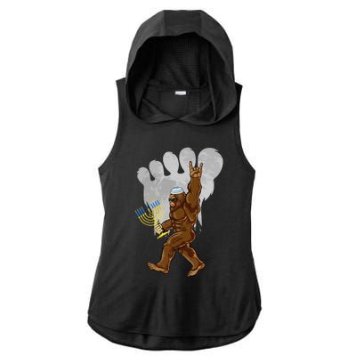 Funny Jewish Bigfoot Menorah Happy Hanukkah Chanukah Pajamas Ladies PosiCharge Tri-Blend Wicking Draft Hoodie Tank