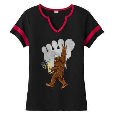 Funny Jewish Bigfoot Menorah Happy Hanukkah Chanukah Pajamas Ladies Halftime Notch Neck Tee