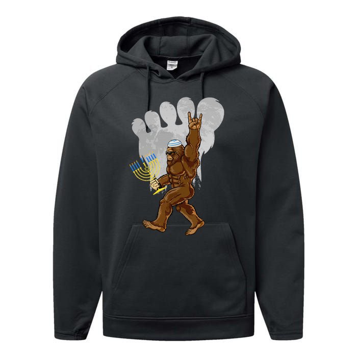 Funny Jewish Bigfoot Menorah Happy Hanukkah Chanukah Pajamas Performance Fleece Hoodie