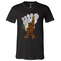 Funny Jewish Bigfoot Menorah Happy Hanukkah Chanukah Pajamas V-Neck T-Shirt