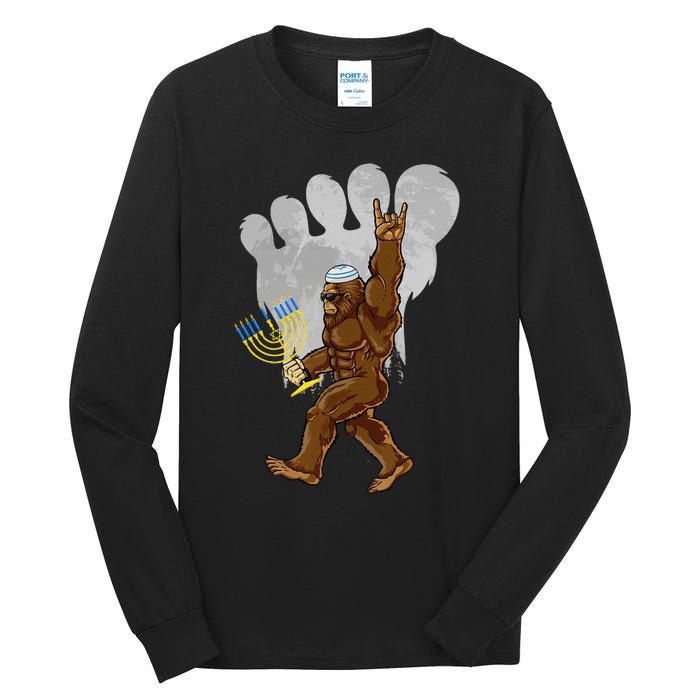 Funny Jewish Bigfoot Menorah Happy Hanukkah Chanukah Pajamas Tall Long Sleeve T-Shirt