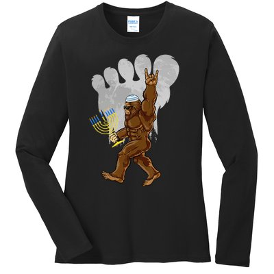 Funny Jewish Bigfoot Menorah Happy Hanukkah Chanukah Pajamas Ladies Long Sleeve Shirt