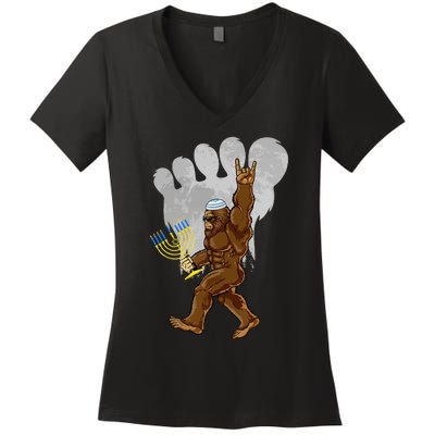 Funny Jewish Bigfoot Menorah Happy Hanukkah Chanukah Pajamas Women's V-Neck T-Shirt