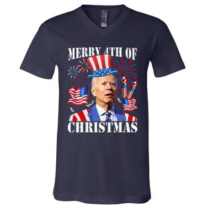 Funny Joe Biden Merry 4th Of Christmas 4th Of July Firework V-Neck T-Shirt