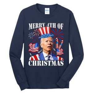 Funny Joe Biden Merry 4th Of Christmas 4th Of July Firework Tall Long Sleeve T-Shirt