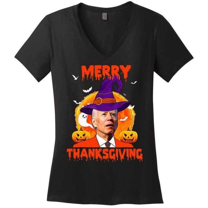 Funny Joe Biden Merry Thanksgiving Confused Happy Halloween Women's V-Neck T-Shirt