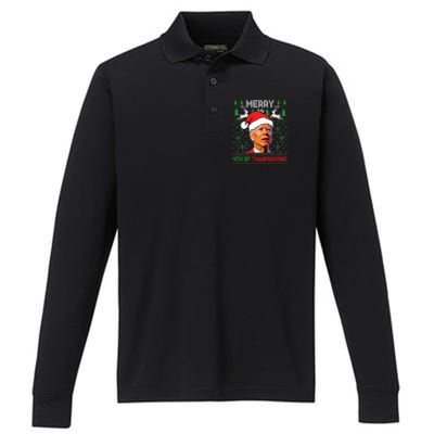 Funny Joe Biden Merry Thanksgiving Ugly Christmas Sweater Performance Long Sleeve Polo