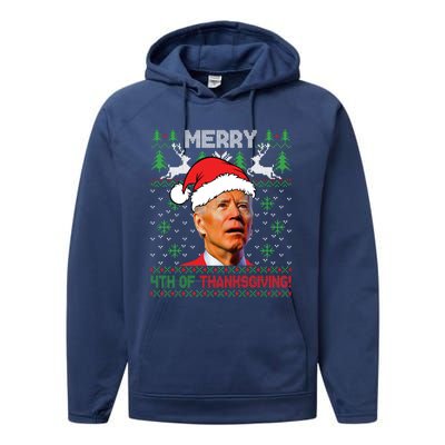 Funny Joe Biden Merry Thanksgiving Ugly Christmas Sweater Performance Fleece Hoodie