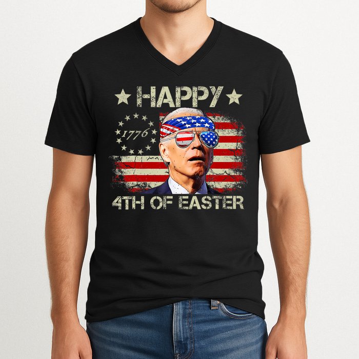 Funny Joe Biden 4th Of July Happy 4th Of Easter Us Flag V-Neck T-Shirt