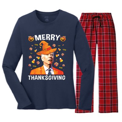 Funny Joe Biden Happy Halloween Merry Thanksgiving Women's Long Sleeve Flannel Pajama Set 