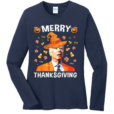 Funny Joe Biden Happy Halloween Merry Thanksgiving Ladies Long Sleeve Shirt