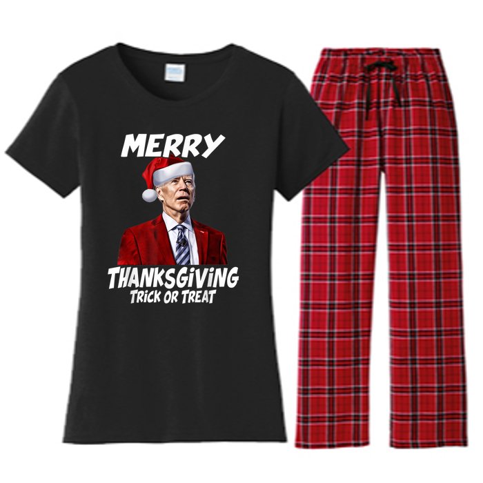 Funny Joe Biden Merry Thanksgiving Trick Or Treat Women's Flannel Pajama Set